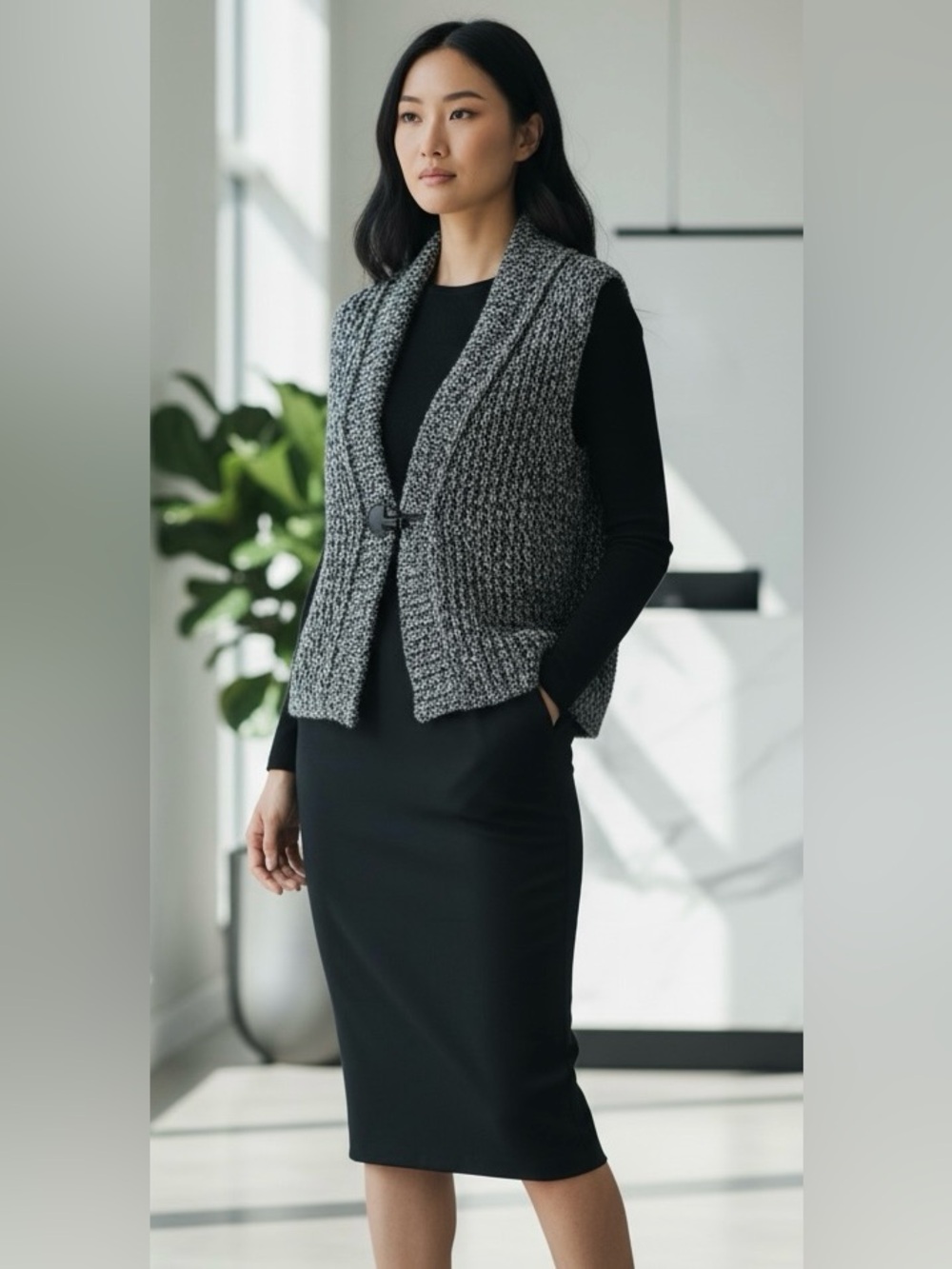 Lisa Todd Black & White Marled Sleeveless Shawl Cardigan with Toggle